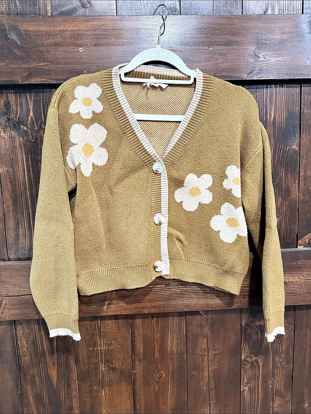 Tem & Thread Floral Knit Cardigan in Brown & White